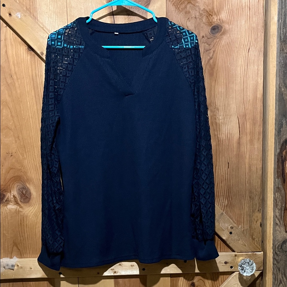 Women’s Long Sleeve Navy Lace-Sleeve Tee